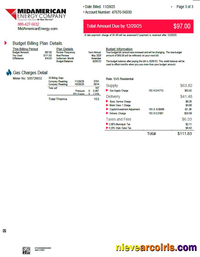 USA MidAmerican Energy Company utility bill, 3 pages, 3rd page